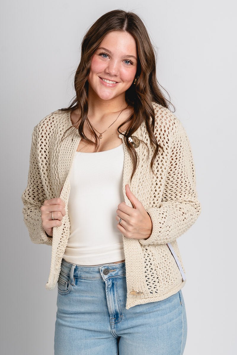 Button crochet cardigan ecru - Trendy Cardigan - Cute Vacation Collection at Lush Fashion Lounge Boutique in Oklahoma City