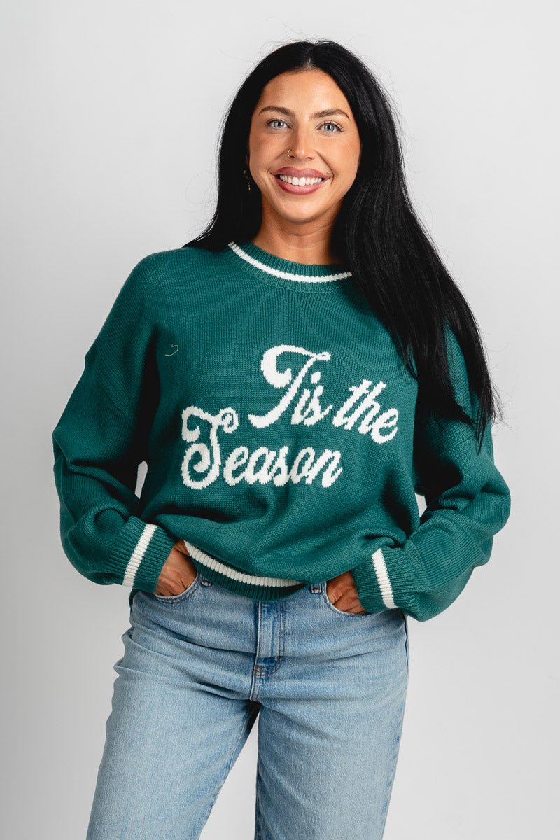 Tis the season sweater green/white - Cute Sweater - Trendy Cardigans & Stylish Kimonos at Lush Fashion Lounge Boutique in Oklahoma City