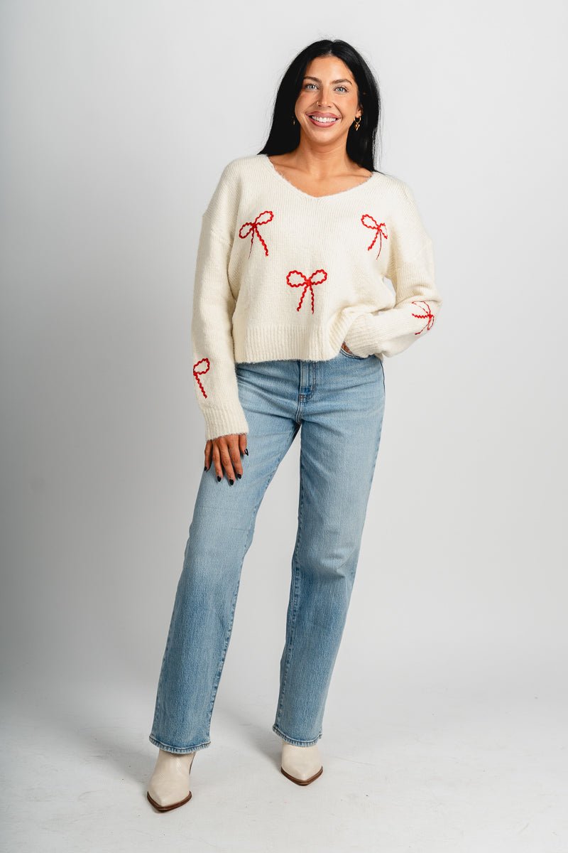 Bow detail sweater cream/red - Trendy Sweaters | Cute Pullover Sweaters at Lush Fashion Lounge Boutique in Oklahoma City
