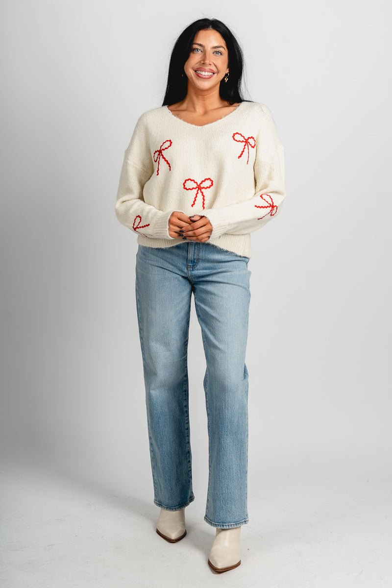 Bow detail sweater cream/red – Unique Sweaters | Lounging Sweaters and Womens Fashion Sweaters at Lush Fashion Lounge Boutique in Oklahoma City