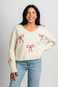 Bow detail sweater cream/red – Boutique Sweaters | Fashionable Sweaters at Lush Fashion Lounge Boutique in Oklahoma City
