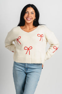 Bow detail sweater cream/red – Stylish Sweaters | Boutique Sweaters at Lush Fashion Lounge Boutique in Oklahoma City
