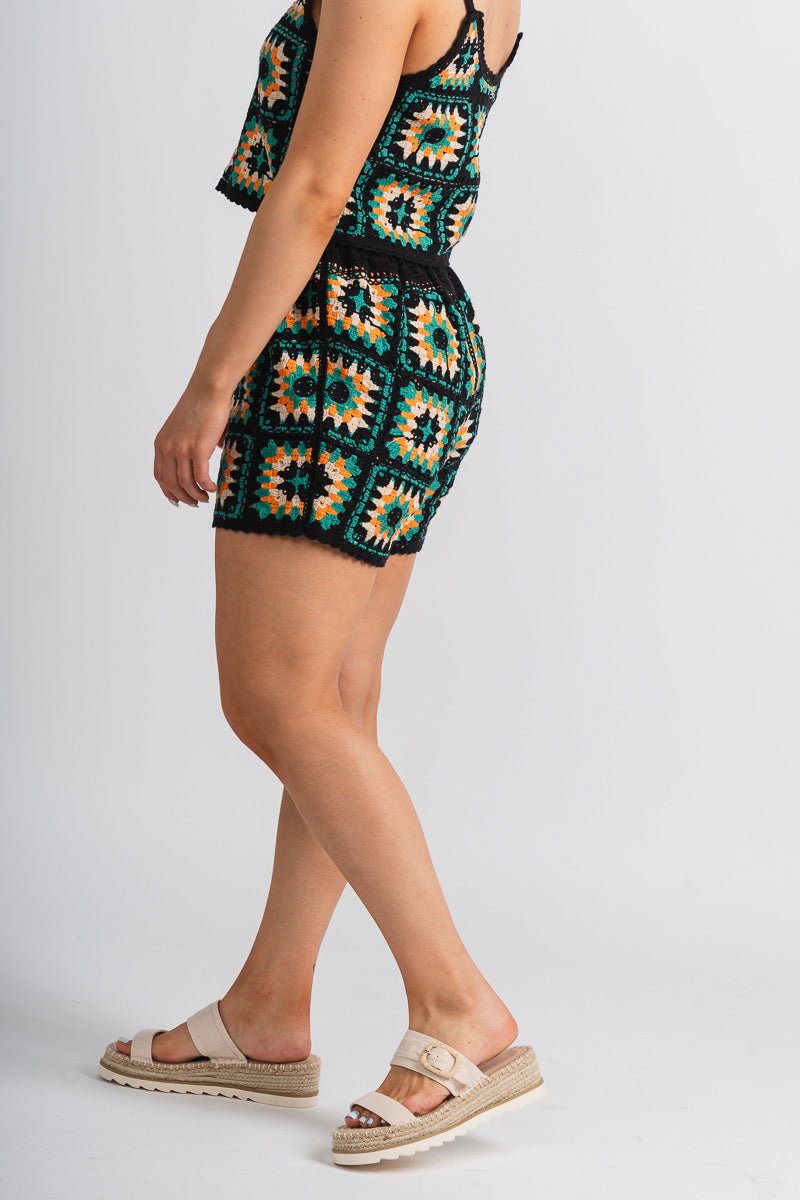 Crochet shorts black multi Stylish Shorts - Womens Fashion Shorts at Lush Fashion Lounge Boutique in Oklahoma City