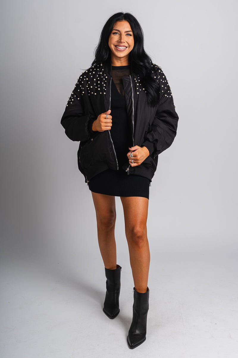 Pearl rhinestone bomber jacket black – Fashionable Jackets | Trendy Blazers at Lush Fashion Lounge Boutique in Oklahoma City