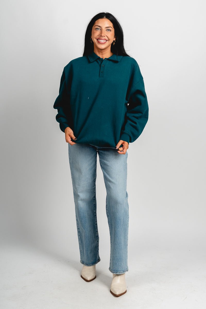 Oversized polo top deep green – Unique Sweaters | Lounging Sweaters and Womens Fashion Sweaters at Lush Fashion Lounge Boutique in Oklahoma City