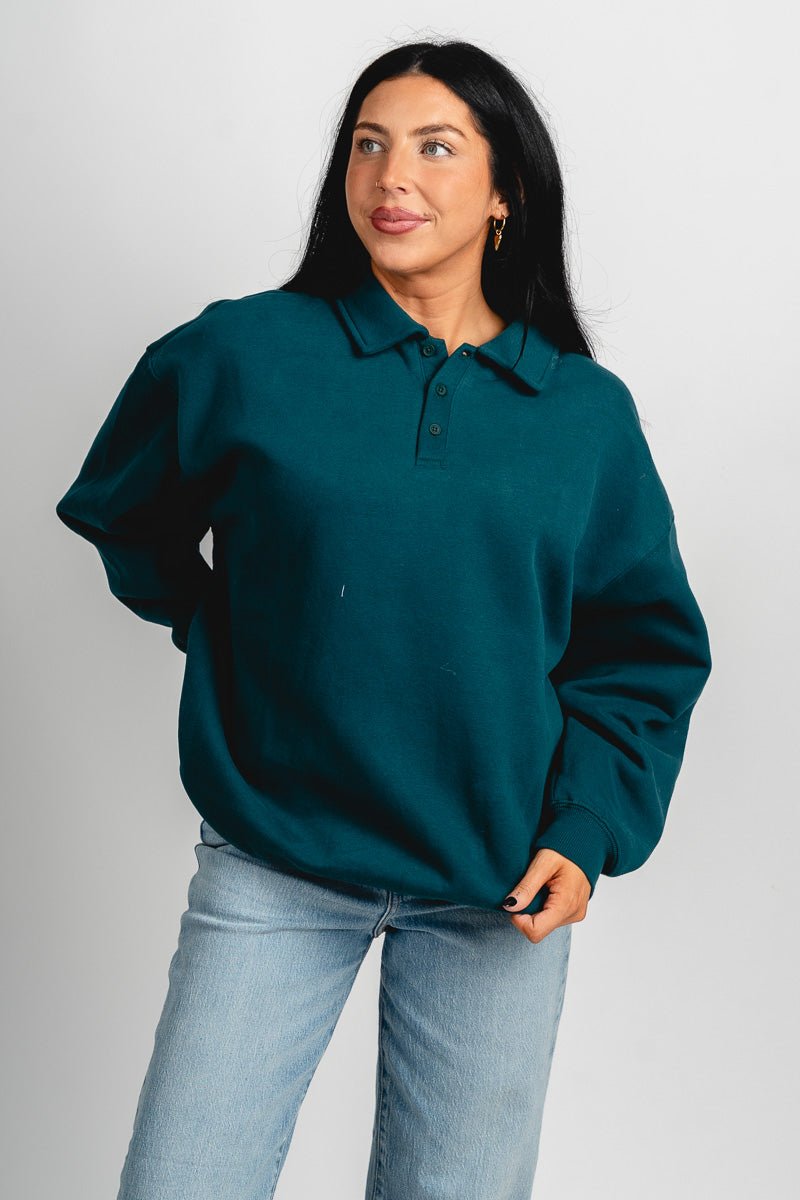 Oversized polo top deep green – Stylish Sweaters | Boutique Sweaters at Lush Fashion Lounge Boutique in Oklahoma City