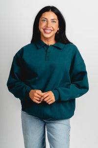 Oversized polo top deep green – Boutique Sweaters | Fashionable Sweaters at Lush Fashion Lounge Boutique in Oklahoma City