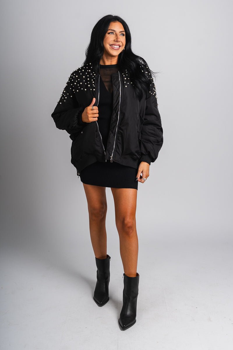 Pearl rhinestone bomber jacket black – Unique Blazers | Cute Blazers For Women at Lush Fashion Lounge Boutique in Oklahoma City