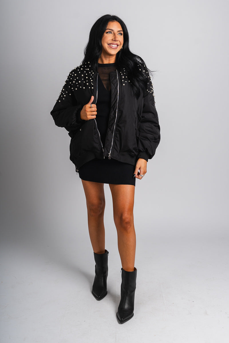 Pearl rhinestone bomber jacket black