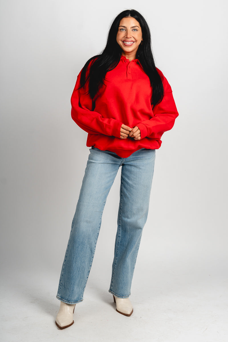 Oversized polo top red – Unique Sweaters | Lounging Sweaters and Womens Fashion Sweaters at Lush Fashion Lounge Boutique in Oklahoma City