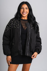 Pearl rhinestone bomber jacket black – Affordable Blazers | Cute Black Jackets at Lush Fashion Lounge Boutique in Oklahoma City