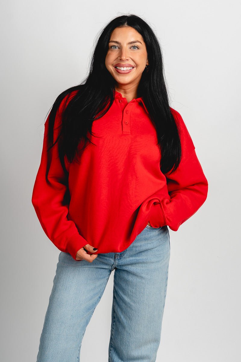 Oversized polo top red – Boutique Sweaters | Fashionable Sweaters at Lush Fashion Lounge Boutique in Oklahoma City
