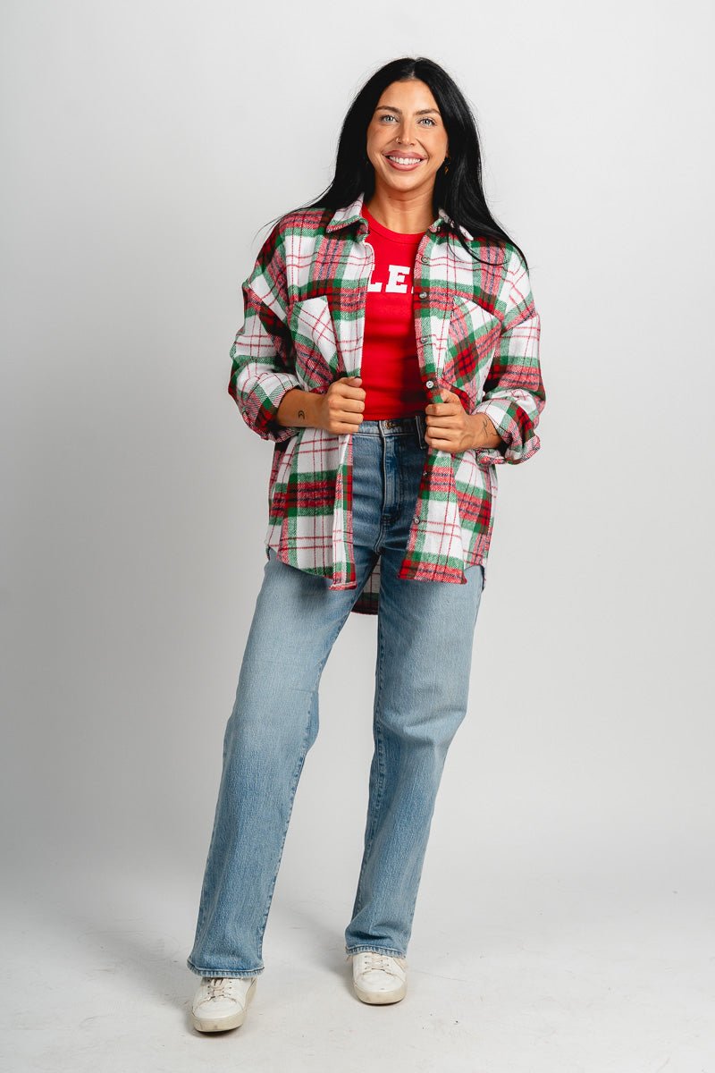 Plaid shacket red/green – Fashionable Jackets | Trendy Blazers at Lush Fashion Lounge Boutique in Oklahoma City