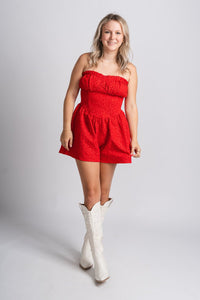 Floral lace romper red - Trendy romper - Fashion Rompers & Pantsuits at Lush Fashion Lounge Boutique in Oklahoma City