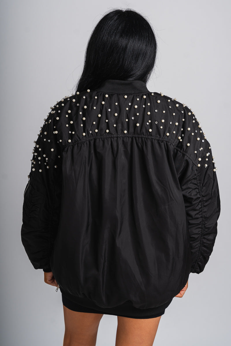 Pearl rhinestone bomber jacket black