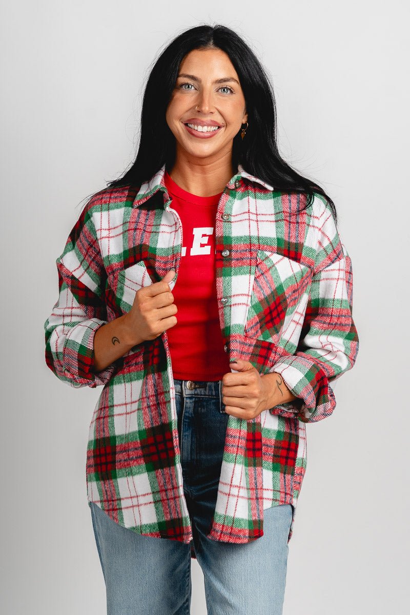 Plaid shacket red/green – Trendy Jackets | Cute Fashion Blazers at Lush Fashion Lounge Boutique in Oklahoma City