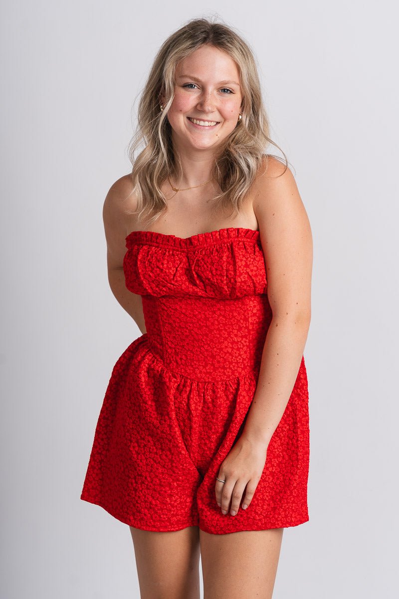 Floral lace romper red - Affordable romper - Boutique Rompers & Pantsuits at Lush Fashion Lounge Boutique in Oklahoma City