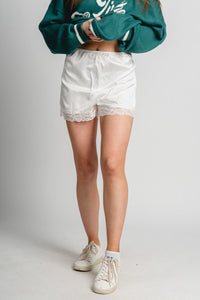 Lace trim satin shorts white - Trendy Shorts - Fashion Shorts at Lush Fashion Lounge Boutique in Oklahoma City
