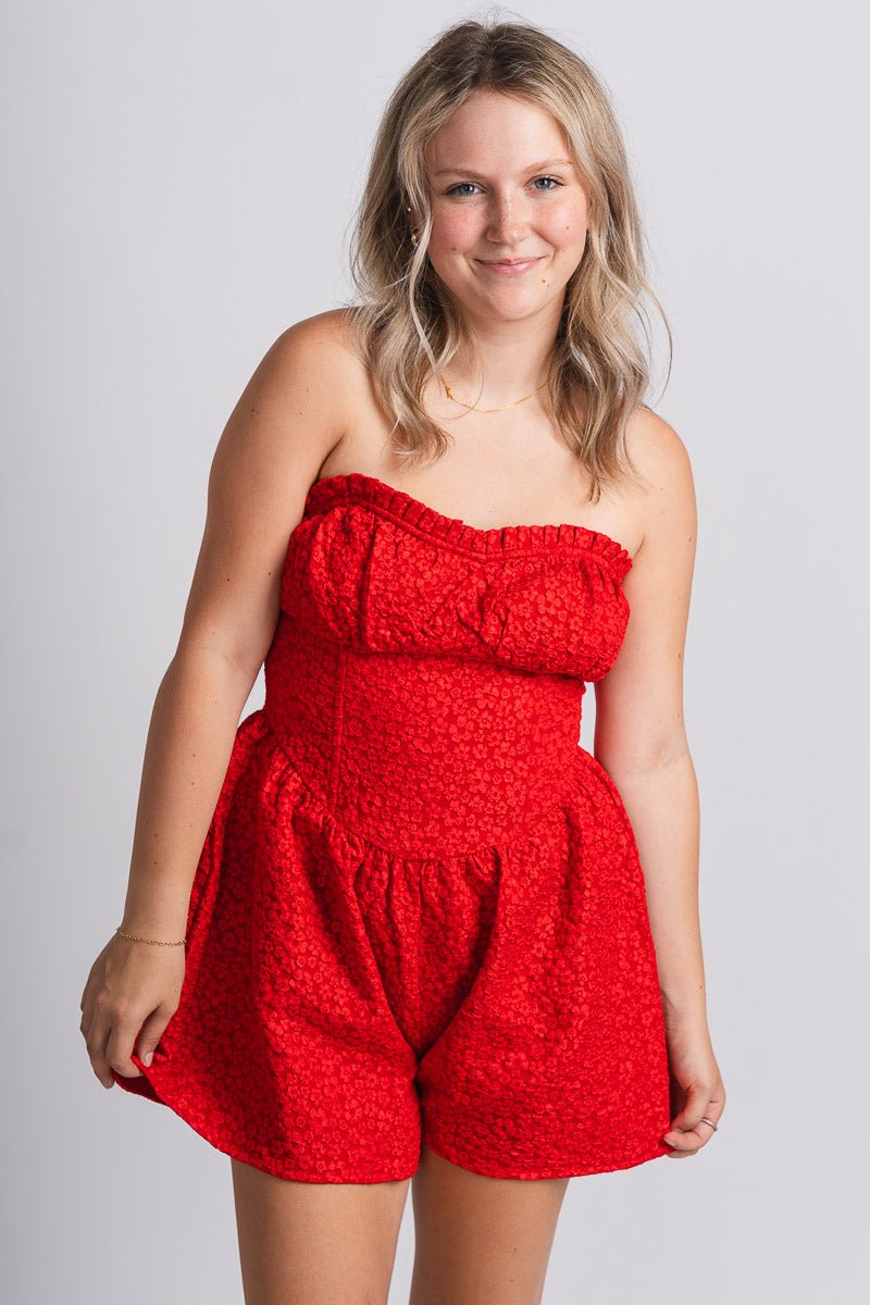 Floral lace romper red - Cute romper - Trendy Rompers and Pantsuits at Lush Fashion Lounge Boutique in Oklahoma City