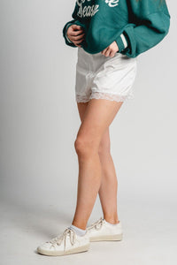 Lace trim satin shorts white Stylish Shorts - Womens Fashion Shorts at Lush Fashion Lounge Boutique in Oklahoma City