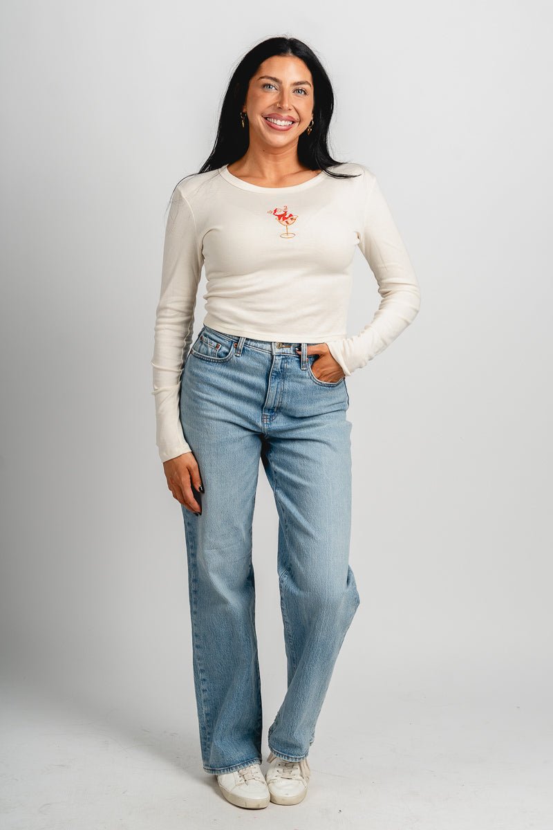 Santa martini micro long sleeve tee off white - Exclusive Collection of Holiday Inspired T-Shirts and Hoodies at Lush Fashion Lounge Boutique in Oklahoma City
