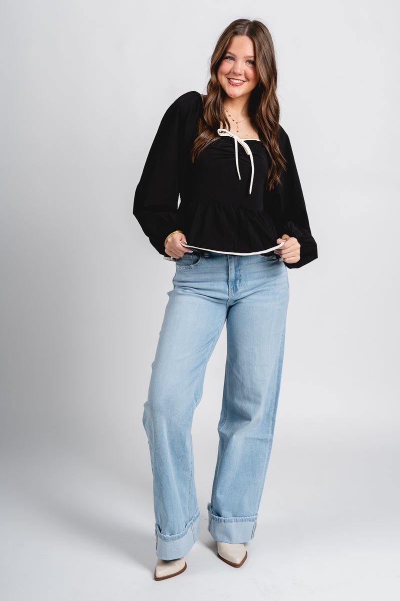 Long sleeve peplum top black