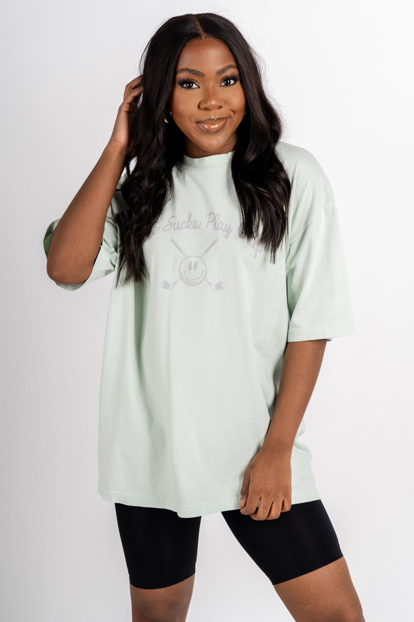 Work sucks play golf oversized graphic tee sage