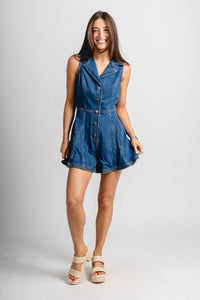 Sleeveless denim romper washed denim Stylish Romper - Womens Fashion Rompers & Pantsuits at Lush Fashion Lounge Boutique in Oklahoma City