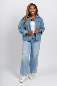 Boxy denim jacket blue – Fashionable Jackets | Trendy Blazers at Lush Fashion Lounge Boutique in Oklahoma City