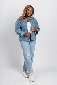 Boxy denim jacket blue – Unique Blazers | Cute Blazers For Women at Lush Fashion Lounge Boutique in Oklahoma City