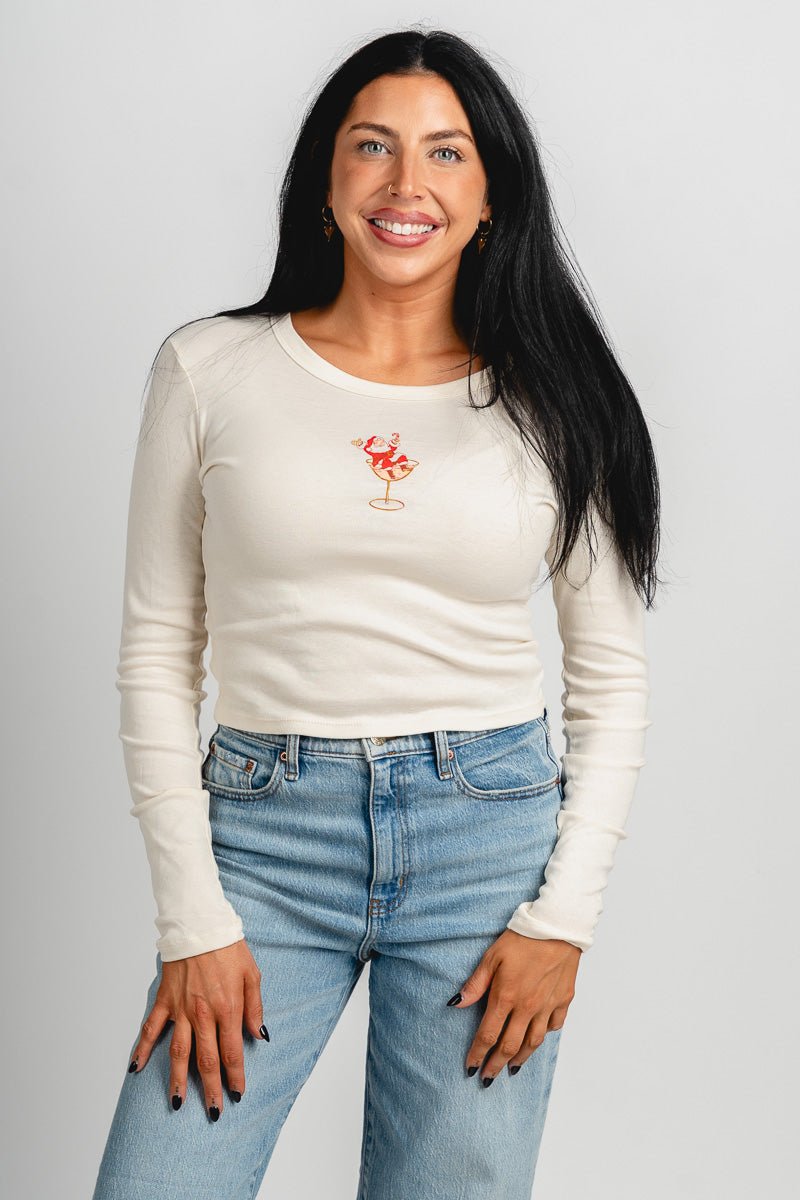 Santa martini micro long sleeve tee off white - Trendy Holiday Apparel at Lush Fashion Lounge Boutique in Oklahoma City
