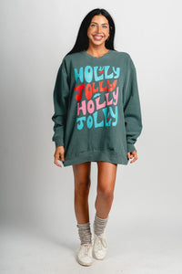Holly Jolly repeater oversized sweatshirt green - Exclusive Collection of Holiday Inspired T-Shirts and Hoodies at Lush Fashion Lounge Boutique in Oklahoma City