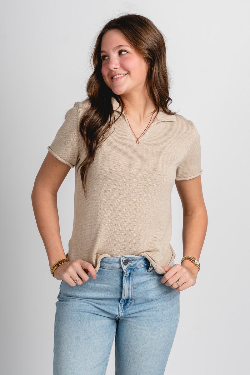 Collared short sleeve sweater oat – Boutique Sweaters | Fashionable Sweaters at Lush Fashion Lounge Boutique in Oklahoma City