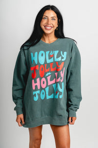 Holly Jolly repeater oversized sweatshirt green - Trendy Holiday Apparel at Lush Fashion Lounge Boutique in Oklahoma City