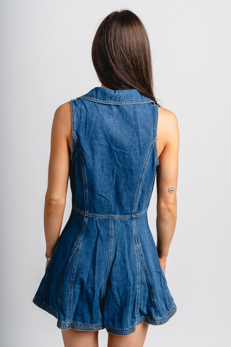 Sleeveless denim romper washed denim