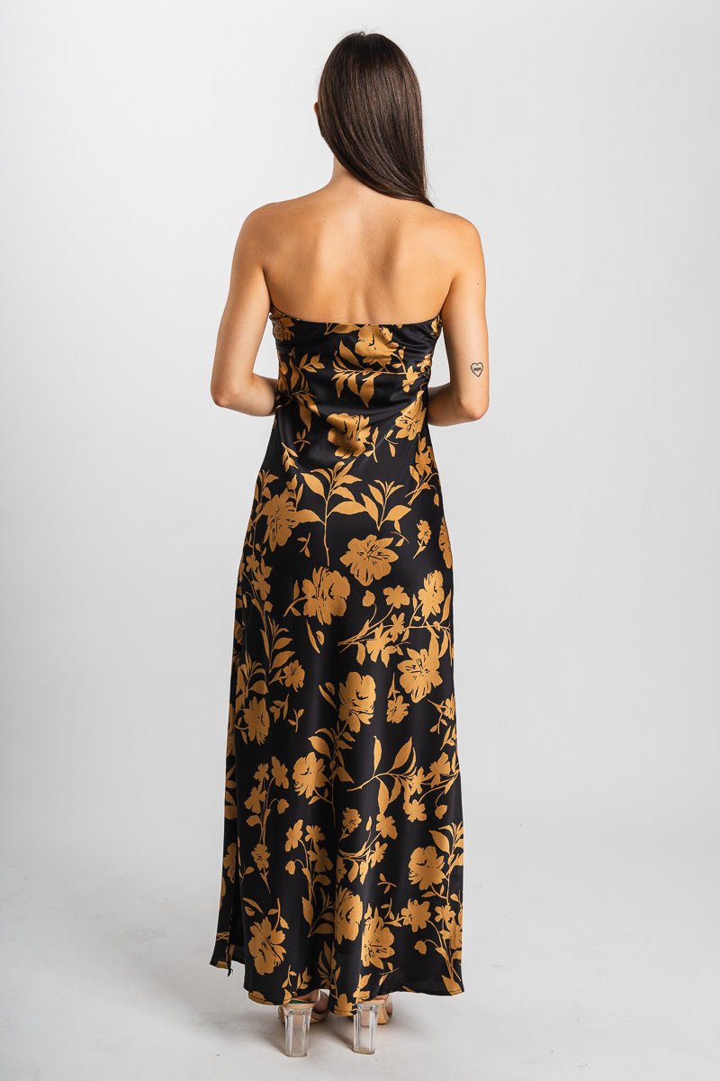 Satin strapless maxi dress eclipsed gold Stylish dress - Womens Fashion Dresses at Lush Fashion Lounge Boutique in Oklahoma City