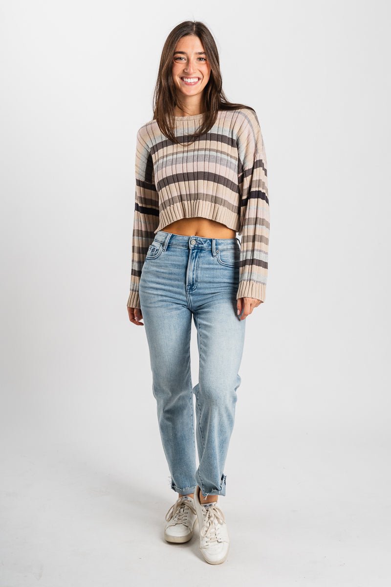 Striped crop sweater taupe/multi - Trendy Sweaters | Cute Pullover Sweaters at Lush Fashion Lounge Boutique in Oklahoma City