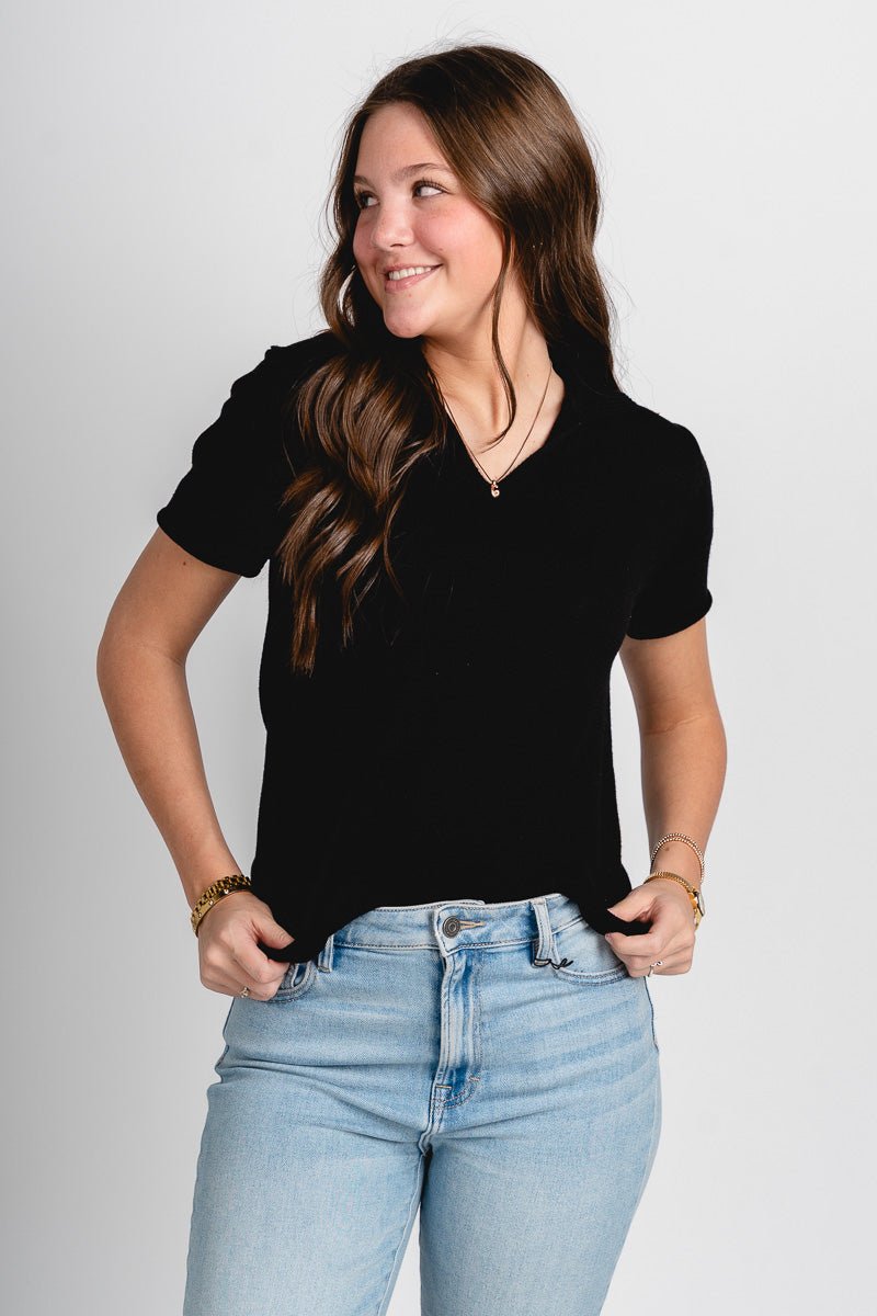 Collared short sleeve sweater black – Stylish Sweaters | Boutique Sweaters at Lush Fashion Lounge Boutique in Oklahoma City