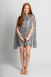 Sequin cape dress silver Stylish dress - Womens Fashion Dresses at Lush Fashion Lounge Boutique in Oklahoma City