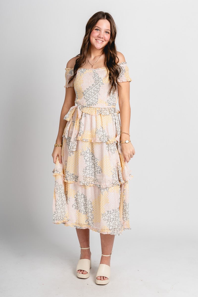 Floral smocked midi dress yellow - Stylish dress - Cute Easter Outfits at Lush Fashion Lounge Boutique in Oklahoma