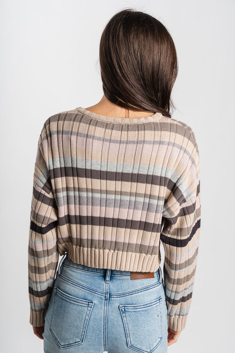 Striped crop sweater taupe/multi – Unique Sweaters | Lounging Sweaters and Womens Fashion Sweaters at Lush Fashion Lounge Boutique in Oklahoma City