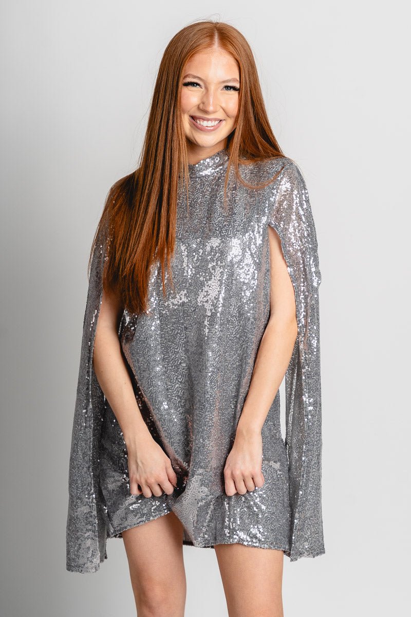 Sequin Cape Sleeve Mock Neck Glitter Midi Dress, Silver / M Sequin Cape Sleeve Mock Neck Glitter Midi Dress, Silver / M