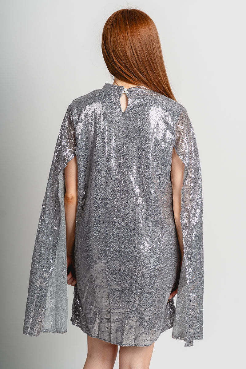Sequin Cape Sleeve Mock Neck Glitter Midi Dress, Silver / M Sequin Cape Sleeve Mock Neck Glitter Midi Dress, Silver / M
