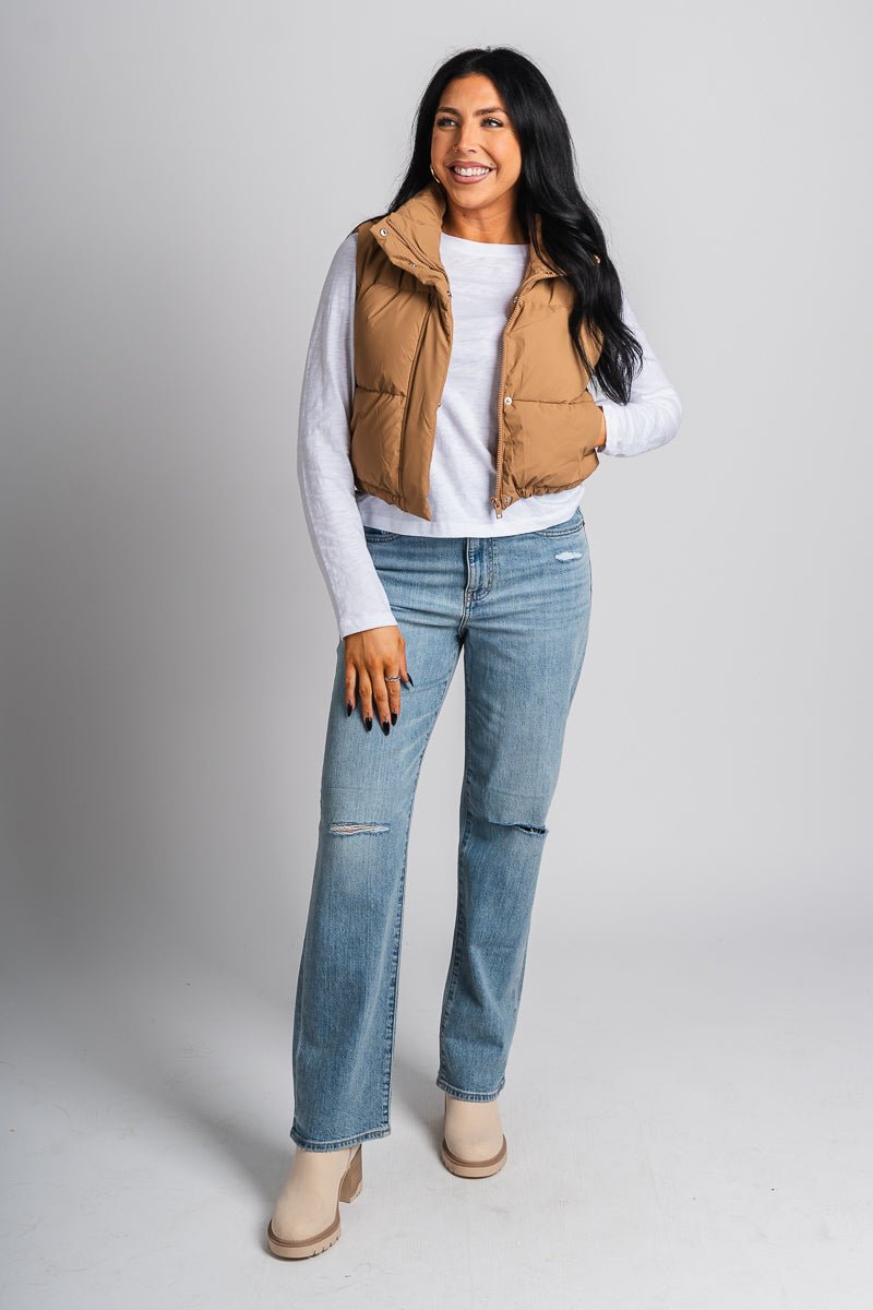 Crop puffer vest camel