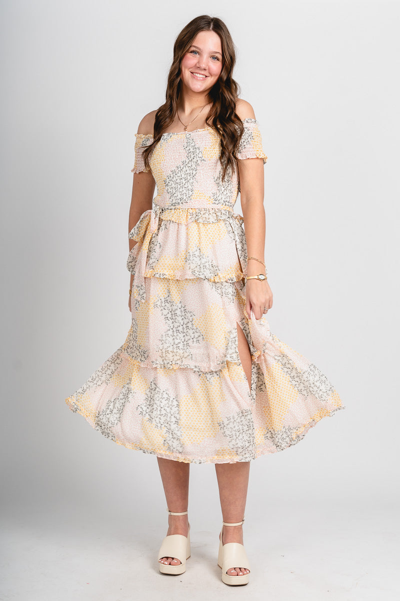 Floral smocked midi dress yellow - Cute dress - Trendy Easter Clothing Line at Lush Fashion Lounge Boutique in Oklahoma