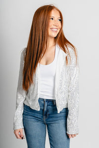 Sequin crop jacket silver – Trendy Jackets | Cute Fashion Blazers at Lush Fashion Lounge Boutique in Oklahoma City
