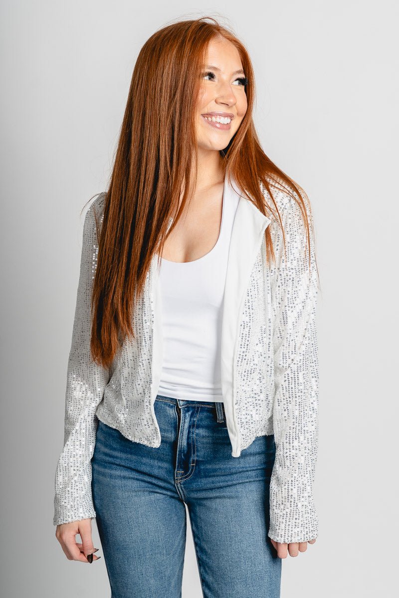 Sequin crop jacket silver – Trendy Jackets | Cute Fashion Blazers at Lush Fashion Lounge Boutique in Oklahoma City