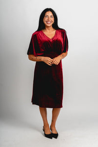 Velvet midi dress wine - Cute dress - Trendy Dresses at Lush Fashion Lounge Boutique in Oklahoma City