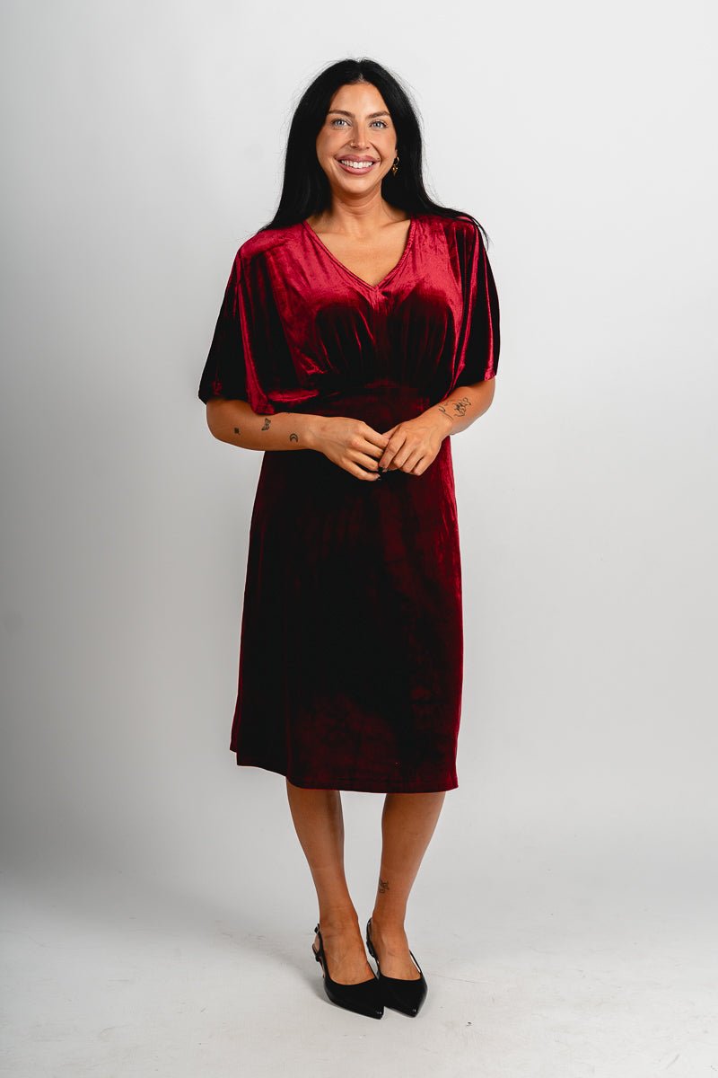 Velvet midi dress wine - Cute dress - Trendy Dresses at Lush Fashion Lounge Boutique in Oklahoma City