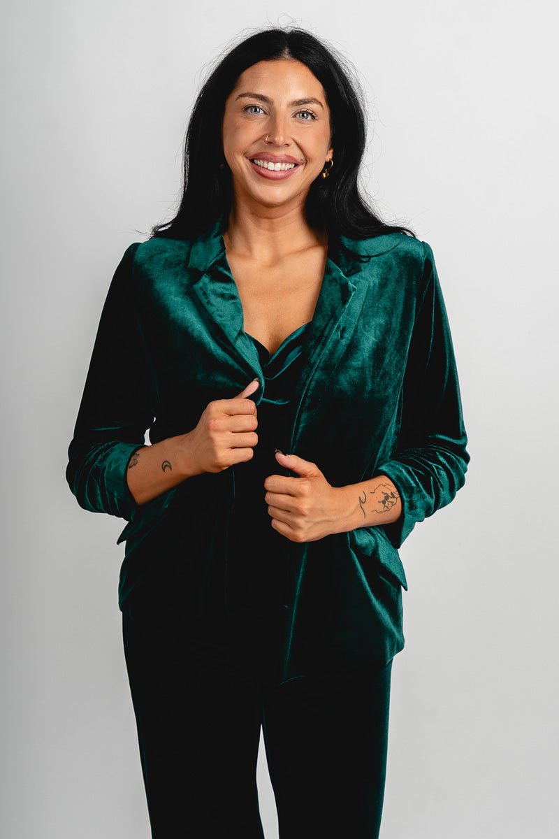 Velvet blazer hunter green – Trendy Jackets | Cute Fashion Blazers at Lush Fashion Lounge Boutique in Oklahoma City